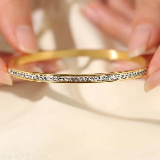 Casual Elegant Luxurious Solid Color Stainless Steel 18K Gold Plated Rhinestones Bangle In Bulk