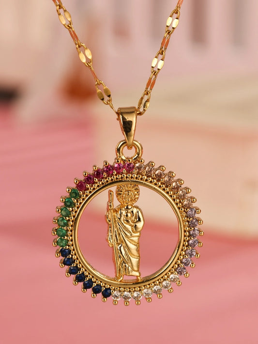 Jewelry Elegant Virgin Mary Oval Stainless Steel Zircon Plating Hollow Out Inlay Pendant Necklace