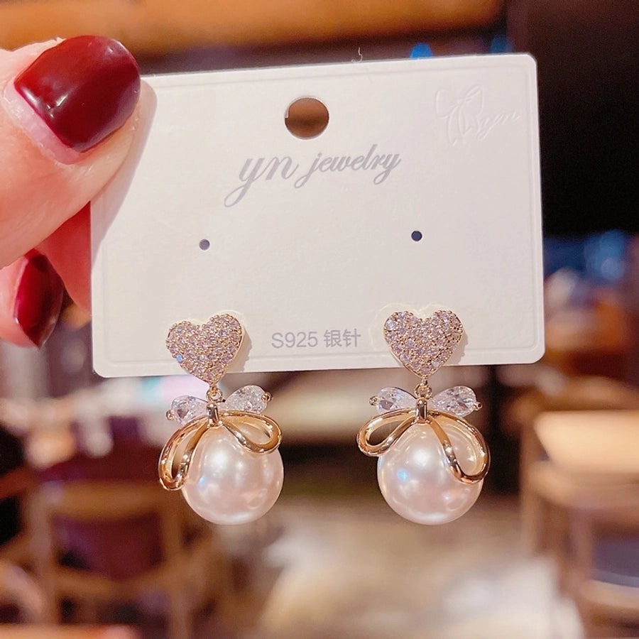 1 pair fashion heart shape flower bow knot imitation pearl alloy rhinestone earrings