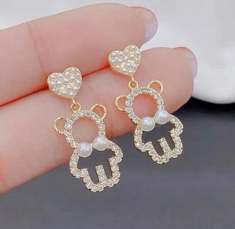 1 pair fashion heart shape flower bow knot imitation pearl alloy rhinestone earrings