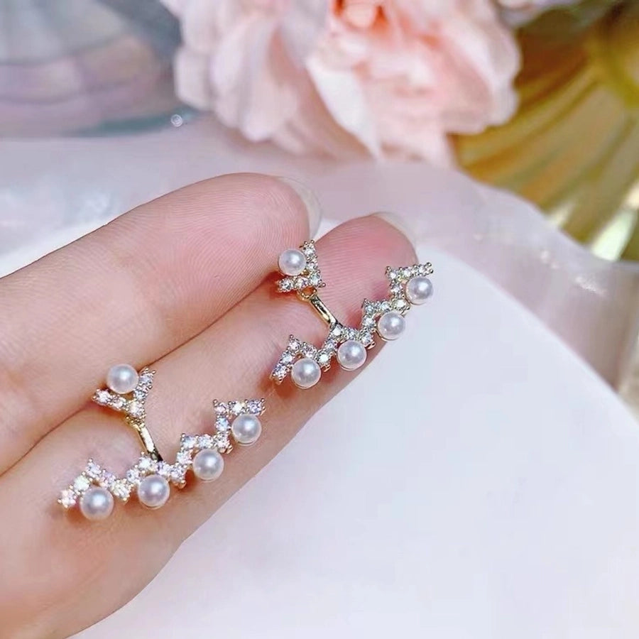 1 pair fashion heart shape flower bow knot imitation pearl alloy rhinestone earrings