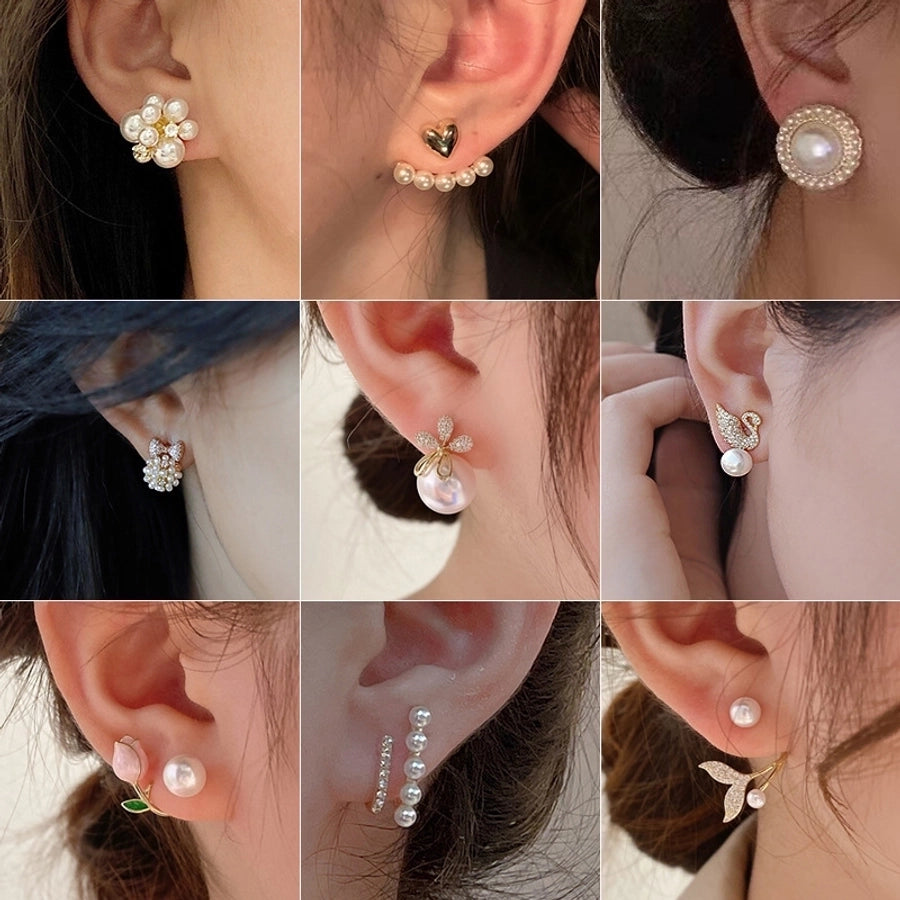 1 pair fashion heart shape flower bow knot imitation pearl alloy rhinestone earrings