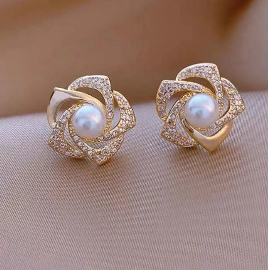 1 pair fashion heart shape flower bow knot imitation pearl alloy rhinestone earrings