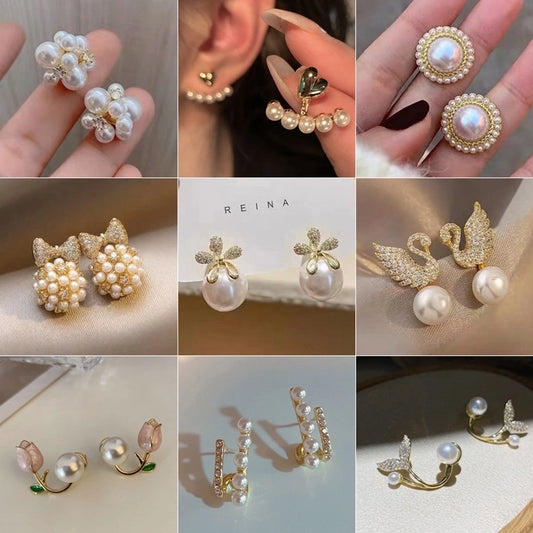 1 pair fashion heart shape flower bow knot imitation pearl alloy rhinestone earrings