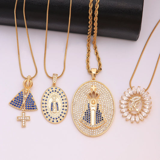 304 Stainless Steel Copper 18K Gold Plated Hip-Hop Punk Plating Inlay Round Virgin Mary Zircon Pendant Necklace