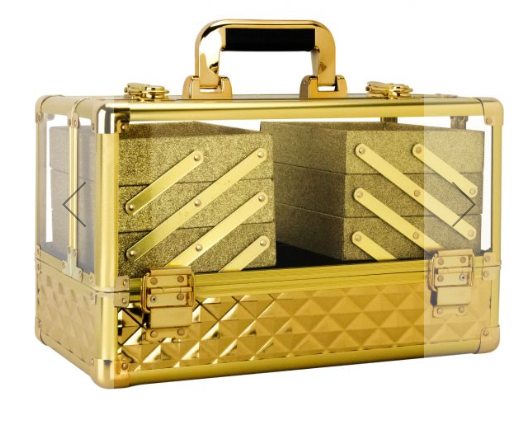 VP016 -87 GOLD DIAMOND ARMORED ACRYLIC 6-TIERS ACCORDION TRAYS PROFESSIONAL COSMETIC MAKEUP TRAIN CASE