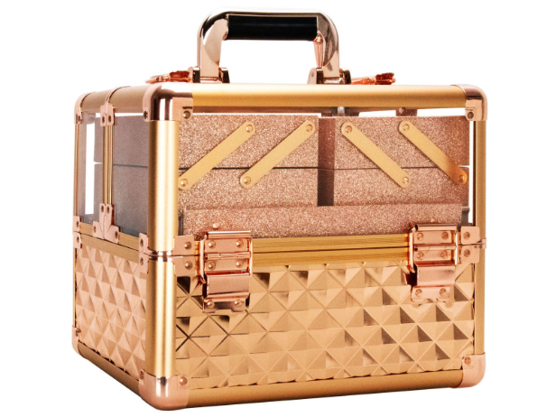 VP017 -85 ROSE GOLD ARMORED ACRYLIC 4-TIERS ACCORDION TRAYS PROFESSIONAL COSMETIC MAKEUP NAIL ARTISTRY TRAIN CASE